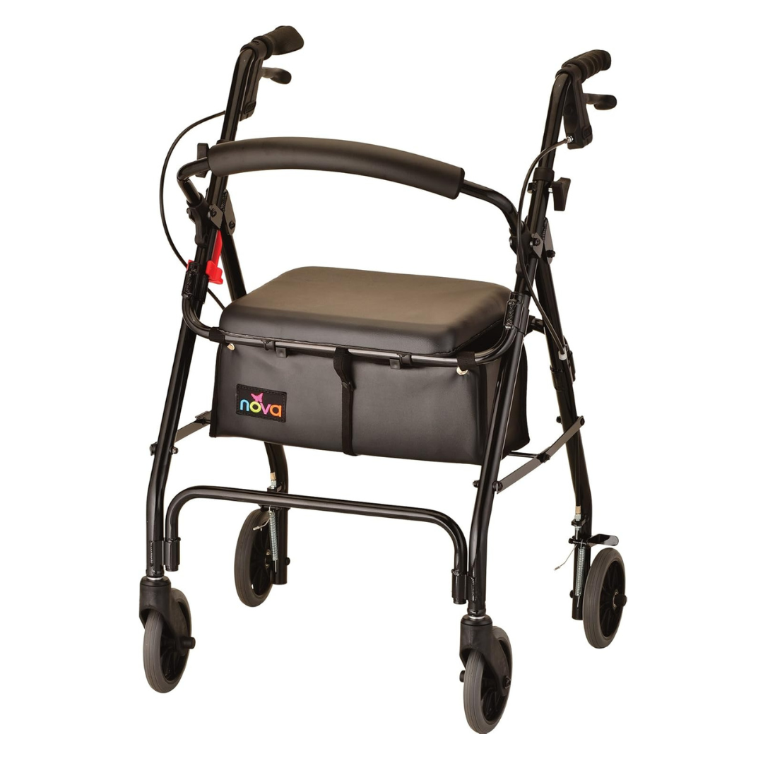 The Nova Medical GetGo Rolling Rollator Walker is a compact, lightweight black walker featuring a cushioned seat and storage bag with the Nova logo. It has four wheels, handlebars with brakes, and a durable frame for reliable mobility.